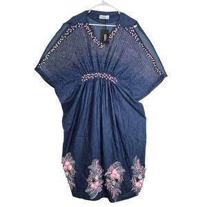 KATE HEWKO Chambray Denim Kaftan Dress Rhinestone Pearl Embellished Floral New